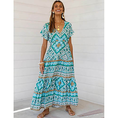

Women's Sheath Dress Maxi long Dress Green Short Sleeve Geometric V Neck Elegant Slim S M L XL