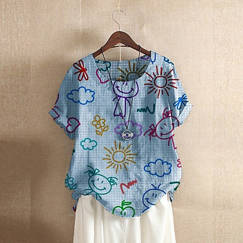 

Women's Blouse Shirt Graphic Prints Print Round Neck Basic Tops Blue