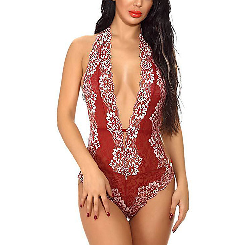 

Women's Backless Mesh Lace Erotic Bodysuits Nightwear Patchwork Jacquard Embroidered Purple / Royal Blue / Black S M L / Halter Neck / Deep V
