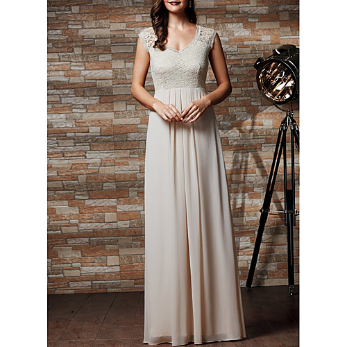 

A-Line V Neck Floor Length Chiffon / Lace Bridesmaid Dress with Pleats