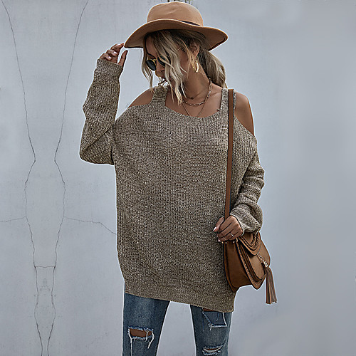

Women's Basic Knitted Solid Colored Plain Pullover Long Sleeve Sweater Cardigans Strap Fall Winter Khaki