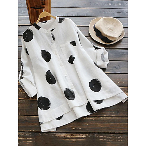 

Women's Blouse Shirt Polka Dot Print Standing Collar Basic Tops Cotton White Yellow Brown