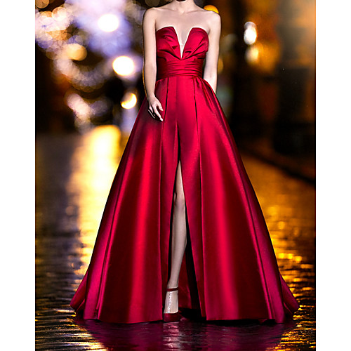 

A-Line Vintage Sexy Wedding Guest Formal Evening Dress Strapless Sleeveless Sweep / Brush Train Satin with Pleats Split 2021