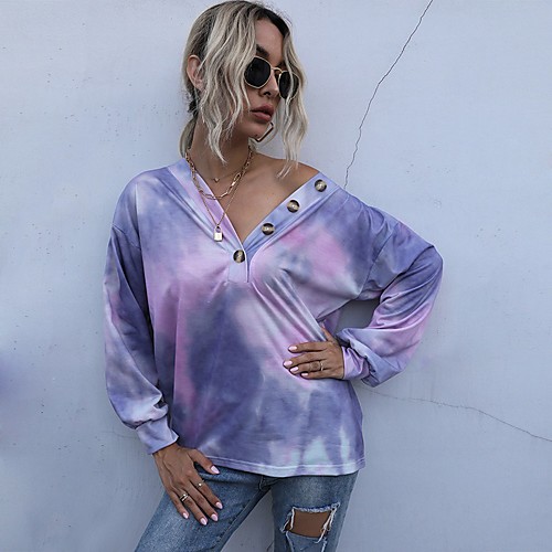 

Women's Blouse Shirt Tie Dye Long Sleeve Print V Neck Basic Tops Purple Green