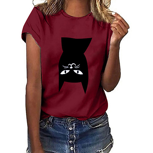 

Women's T shirt Cat Print Round Neck Basic Tops White Black Yellow