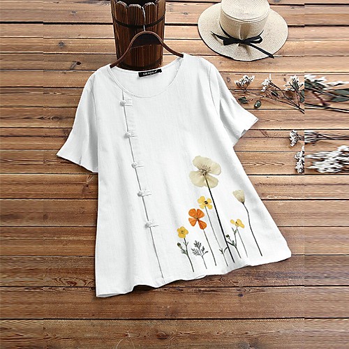 

Women's Blouse Shirt Floral Flower Print Round Neck Basic Tops White Blue