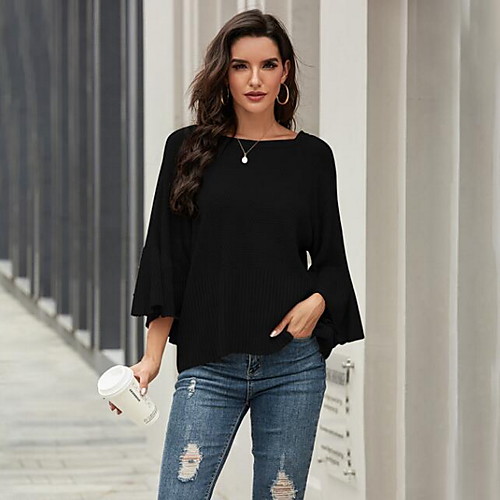 

Women's Solid Colored Plain Pullover Long Sleeve Sweater Cardigans Crew Neck Round Neck White Black Khaki