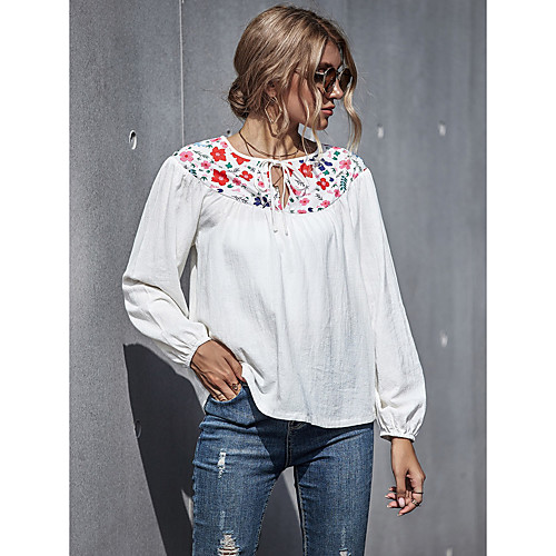 

Women's T shirt Floral Flower Long Sleeve Embroidered Print Round Neck Basic Tops Cotton White