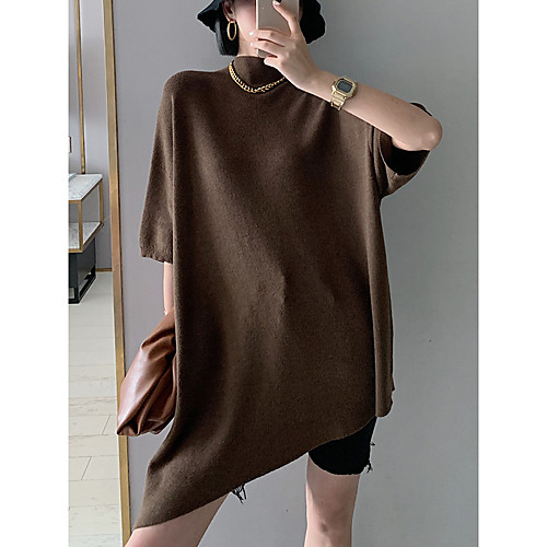 

Women's Cut Edge Knitted Asymmetric Hem Solid Colored Plain Pullover Long Sleeve Half Sleeve Sweater Cardigans Turtleneck Fall Summer Black Army Green Camel