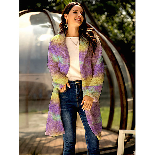 

Women's Coat Daily Fall & Winter Long Coat V Neck Regular Fit Streetwear Jacket Long Sleeve Tie Dye Purple