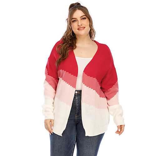 

Women's Stripe Striped Color Block Cardigan Short Sleeves Long Sleeve Plus Size Oversized Sweater Cardigans V Neck Fall Winter Red
