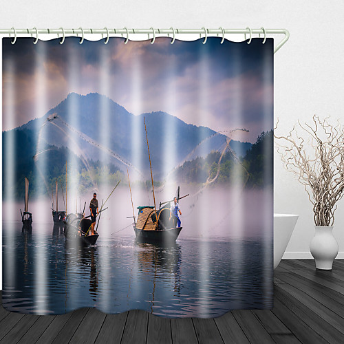 

Misty River Fishing Man Shower Curtains & Hooks Modern Polyester New Design