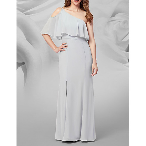 

A-Line One Shoulder Floor Length Chiffon Bridesmaid Dress with Ruffles