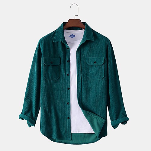 

Men's Shirt non-printing Solid Colored Long Sleeve Daily Tops Corduroy Basic Button Down Collar Green