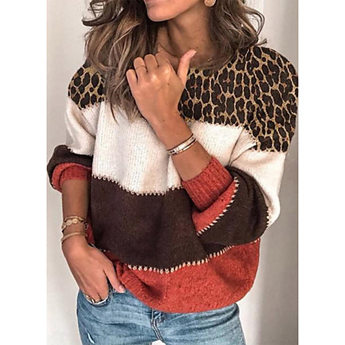

Women's Basic Knitted Leopard Cheetah Print Pullover Long Sleeve Sweater Cardigans Crew Neck Round Neck Fall Winter Red Gray