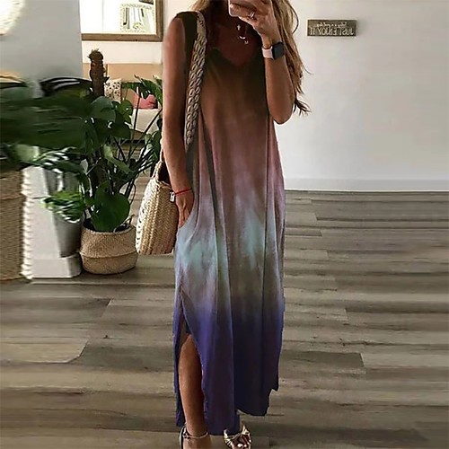 

Women's Strap Dress Maxi long Dress Blue Green Red Sleeveless Color Gradient Print Summer Round Neck Casual Sexy Beach Loose 2021 S M L XL XXL 3XL / Plus Size / Plus Size