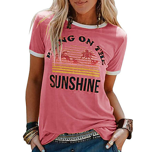 

Women's T shirt Letter Print Round Neck Basic Tops Cotton Yellow Blushing Pink
