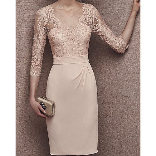 

Sheath / Column Mother of the Bride Dress Elegant V Neck Knee Length Chiffon Lace Half Sleeve with Appliques 2021