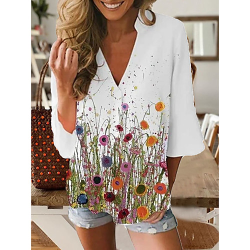 

Women's Blouse Shirt Floral Flower Long Sleeve Print V Neck Basic Tops White