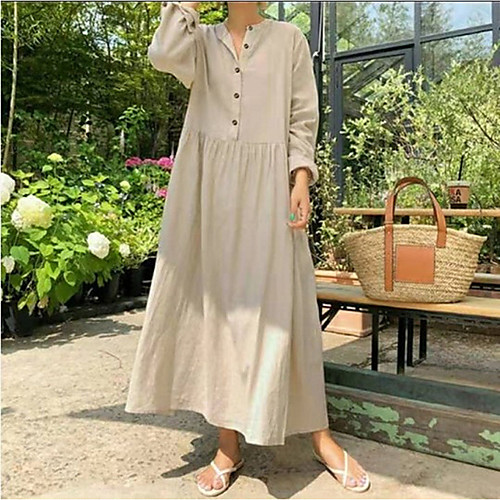 

Women's Shift Dress Maxi long Dress Wine Black Beige Long Sleeve Solid Color Patchwork Fall Round Neck Hot Casual Slim 2021 S M L XL XXL 3XL 4XL 5XL / Cotton / Cotton