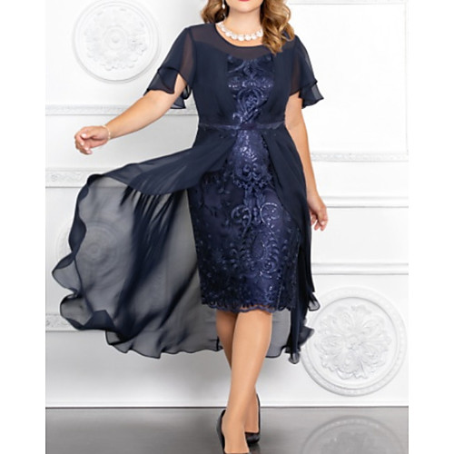 

Two Piece Sheath / Column Mother of the Bride Dress Plus Size Elegant Jewel Neck Knee Length Chiffon Lace Short Sleeve with Ruffles Appliques 2021