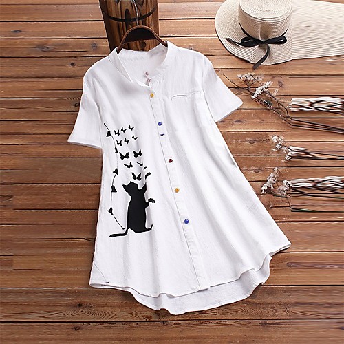 

Women's Blouse Shirt Cat Butterfly Print Standing Collar Basic Tops White