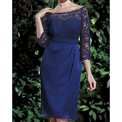 

Sheath / Column Mother of the Bride Dress Elegant Off Shoulder Knee Length Chiffon Lace 3/4 Length Sleeve with Side Draping 2021