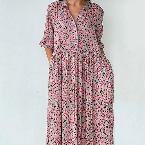 

Women's Swing Dress Maxi long Dress Blushing Pink Half Sleeve Floral Ruffle Summer V Neck Hot Elegant Slim 2021 S M L XL XXL