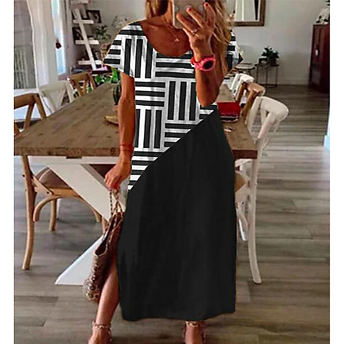 

Women's T Shirt Dress Tee Dress Maxi long Dress Black Short Sleeve Striped Patchwork Summer Round Neck Casual Vintage Holiday Slim 2021 S M L XL XXL 3XL / Cotton / Cotton