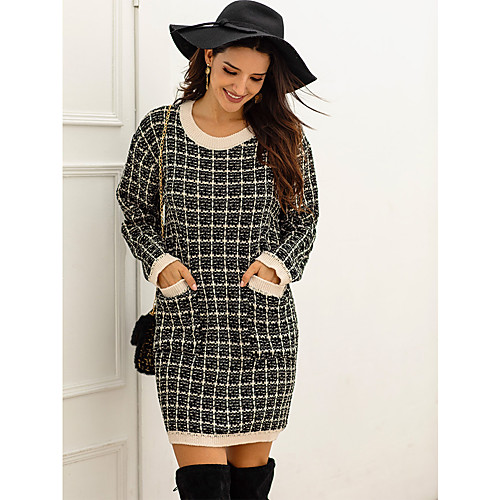 

Women's Stylish Knitted Houndstooth Dress Sweater Dress Long Sleeve Sweater Cardigans Crew Neck Round Neck Fall Black