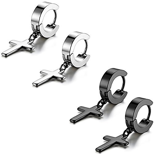 

men's womens vintage stainless steel silver cross dangle hinged hoop earrings, stainless steel hoop huggie earrings cross drop dangle earrings