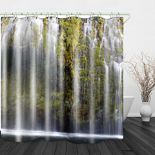 

Green Cliff Waterfall River Shower Curtains & Hooks Modern Polyester New Design