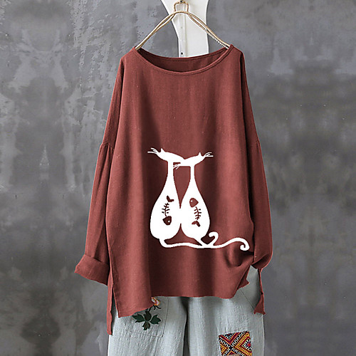 

Women's T shirt Animal Long Sleeve Round Neck Basic Tops White Yellow Wine