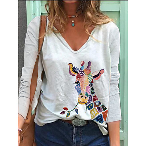 

Women's T shirt Giraffe Long Sleeve Print V Neck Basic Tops Cotton White Blue Blushing Pink