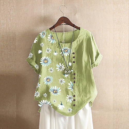 

Women's Blouse Shirt Floral Flower Button Print Round Neck Basic Tops Cotton Green