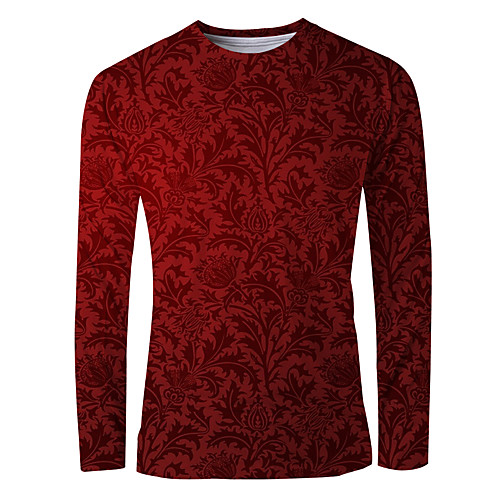 

Men's T shirt Shirt 3D Print Graphic Leaf Long Sleeve Daily Tops Basic Elegant Round Neck Red