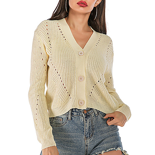 

Women's Solid Colored Cardigan Cotton Long Sleeve Sweater Cardigans V Neck Fall Winter Beige
