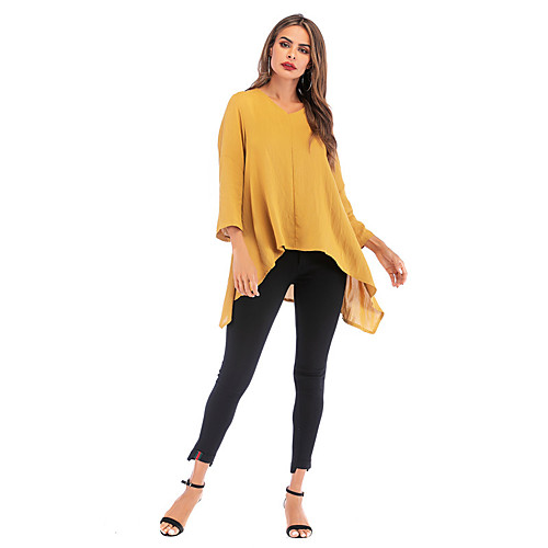 

Women's Blouse Shirt Solid Colored V Neck Basic Tops Black Blue Yellow