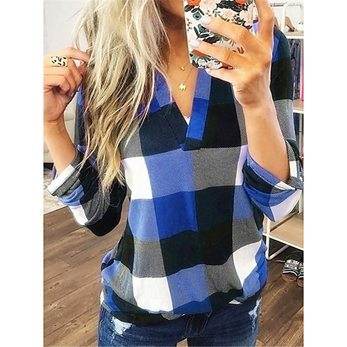 

Women's Plus Size Blouse Shirt Plaid Check Long Sleeve V Neck Basic Tops Cotton Blue Red Green
