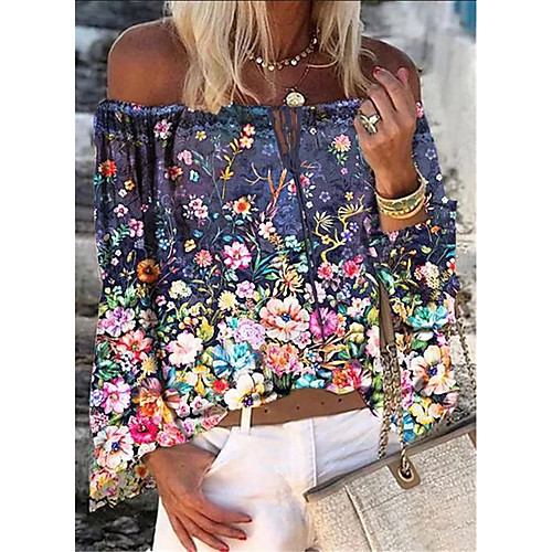 

Women's Going out Blouse Shirt Graphic Prints Long Sleeve Print Off Shoulder Basic Tropical Tops Loose Blue White Black