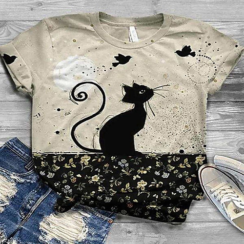 

Women's T shirt Cartoon Cat Print Round Neck Basic Tops Green Gray