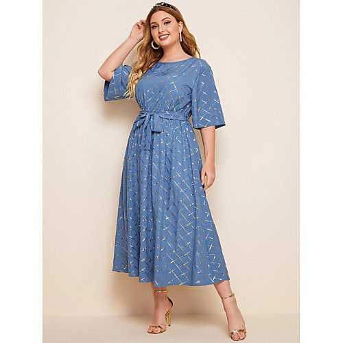 

Women's A Line Dress Midi Dress Blue Long Sleeve Solid Color Print Spring Round Neck Casual Loose 2021 L XL XXL 3XL 4XL 5XL