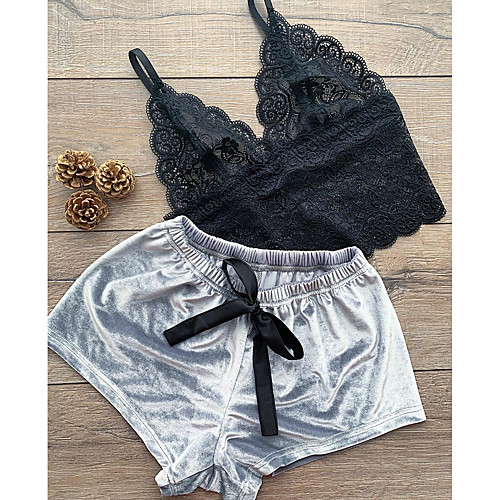 

Women's Suits Pajamas Sets Backless Mesh Lace Jacquard Embroidered Spandex Casual Strap Top Shorts Deep V Daily Wear Home Buckle / Bow / Super Sexy / Bow