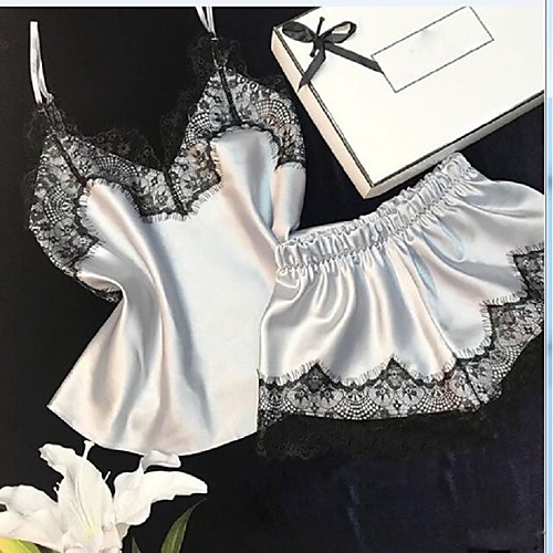 

Women's Sexy Bodies Pajamas Sets Mesh Lace Patchwork Embroidered Acrylic Nylon Casual Strap Top Shorts Strap Daily Wear Home Buckle