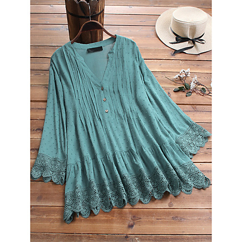 

Women's Blouse Shirt Plain Solid Colored Long Sleeve Lace Trims Button V Neck Basic Tops Navy White Green
