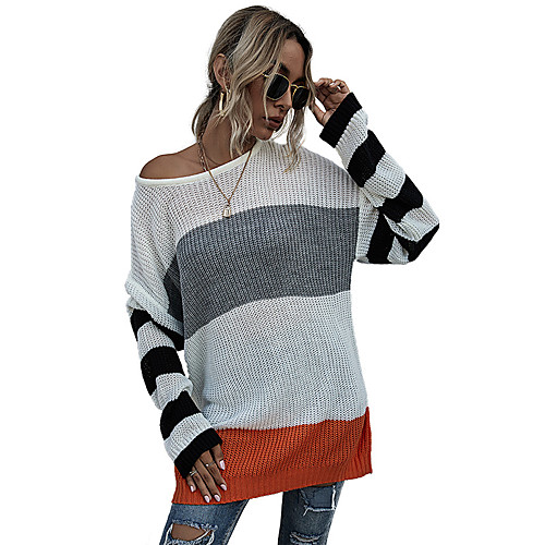 

Women's Basic Striped Pullover Long Sleeve Sweater Cardigans Crew Neck Round Neck Fall Spring White