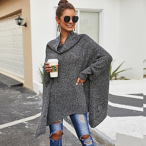 

Women's Basic Knitted Solid Colored Plain Pullover Long Sleeve Loose Sweater Cardigans Turtleneck Fall Winter Dark Gray