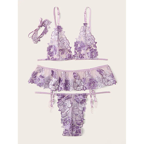 

Women's Mesh Lace Super Sexy Gartered Lingerie Suits Nightwear Floral Lavender S M L / Deep V