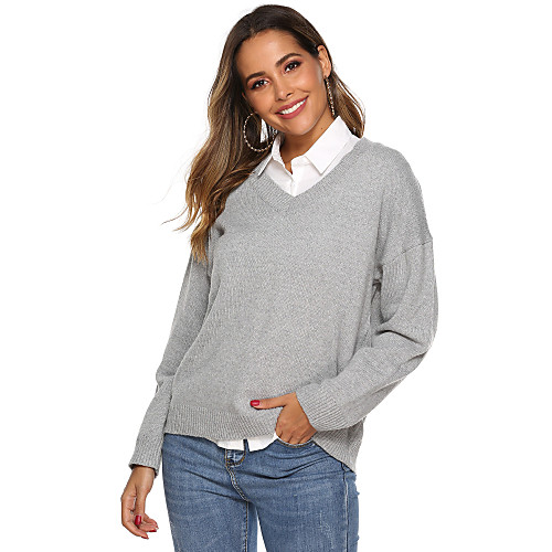 

Women's Basic Solid Colored Plain Pullover Long Sleeve Sweater Cardigans V Neck Fall Winter White Blue Red