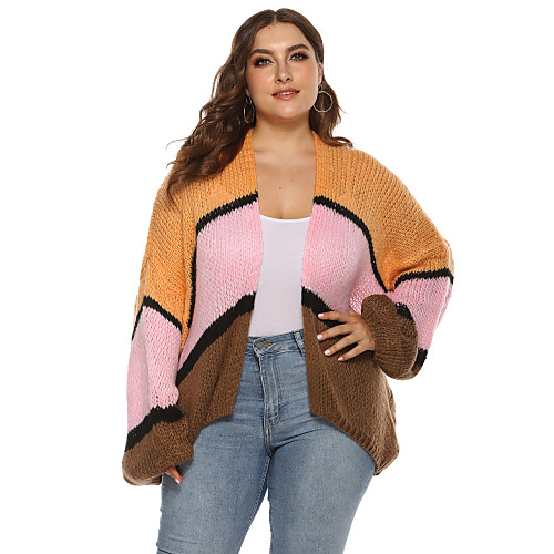

Women's Oversized Striped Color Block Cardigan Acrylic Fibers Long Sleeve Plus Size Oversized Sweater Cardigans V Neck Fall Winter Orange